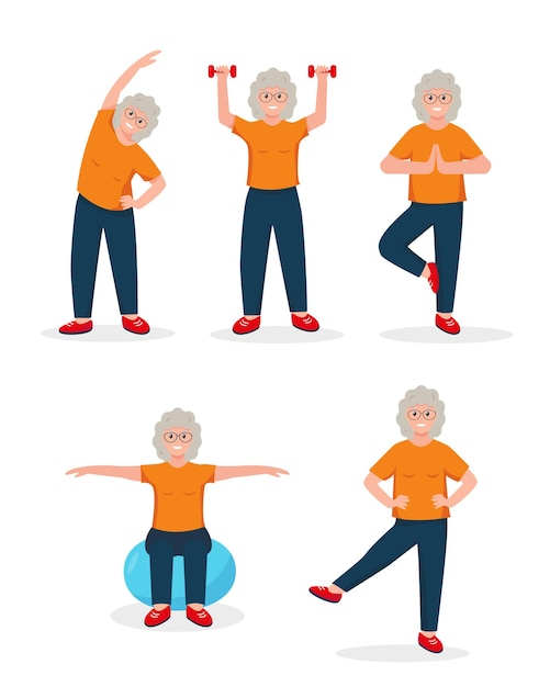 Vector senior woman doing sport exercises isolated on white