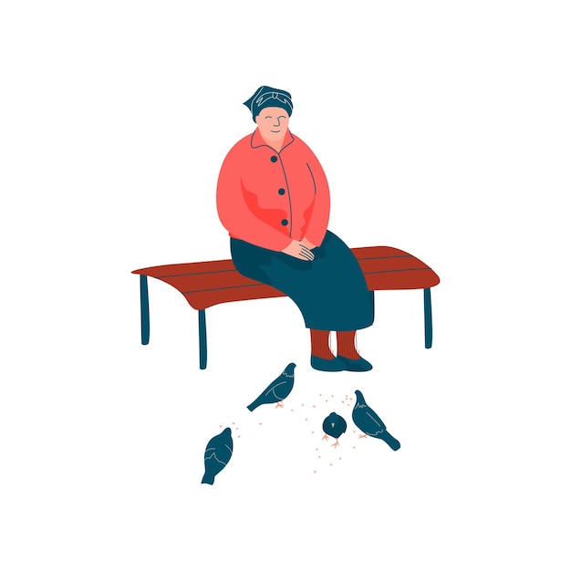 Vector senior woman dressed in seasonal clothes sitting on bench and feeding birds spring season outdoor activities vector illustration on white background