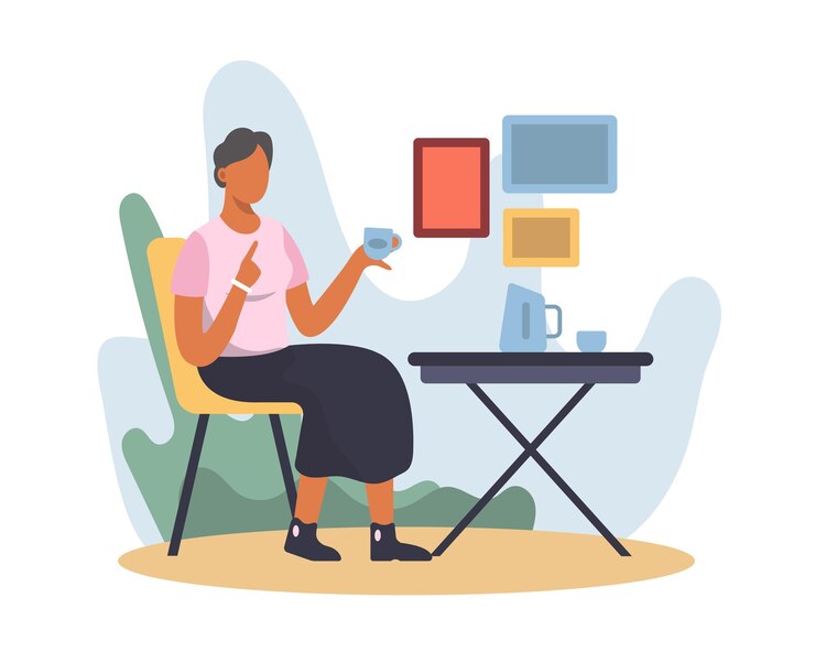 Vector senior woman holding cup of tea resting at home positive senior spending time at home