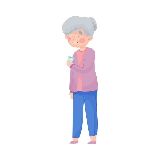 Senior woman holding glass of cool water vector illustration