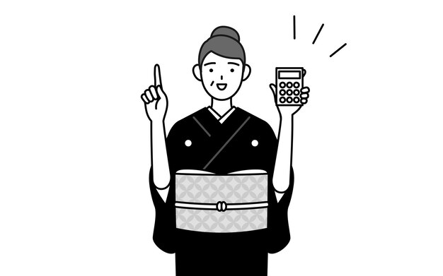 Senior woman in kimono holding a calculator and pointing Vector Illustration