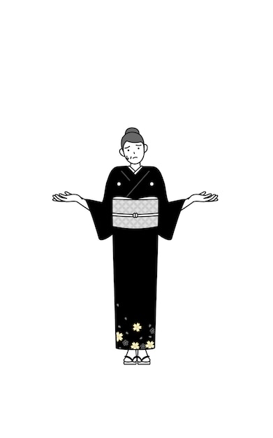 Vector senior woman in kimono in trouble shrugging her shoulders and spreading her hands