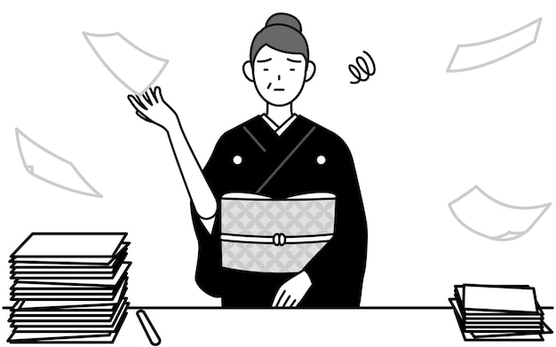 Vector senior woman in kimono who is fed up with her unorganized business vector illustration