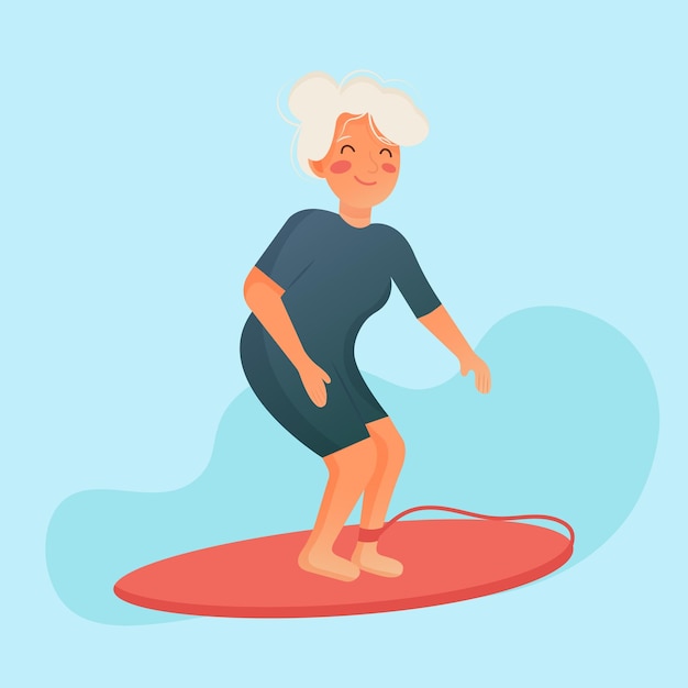 An senior woman leads an active lifestyle, surfing. elderly woman during a healthy and active retire