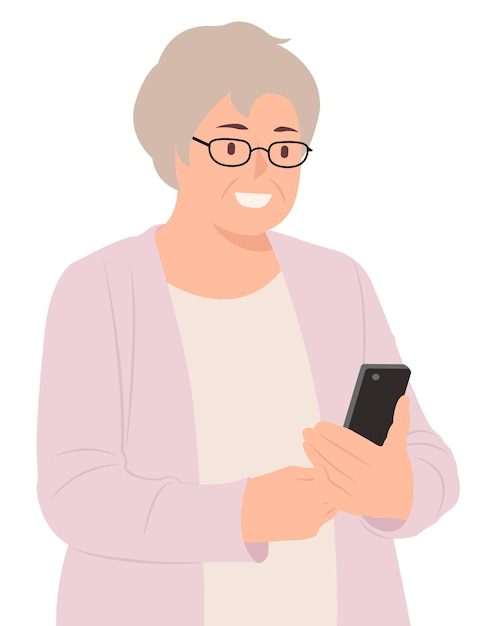 senior woman looking at cell phone happily