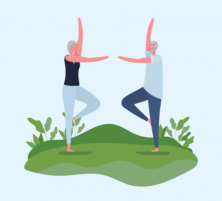 Vector senior woman and man cartoons doing yoga at park design, activity theme