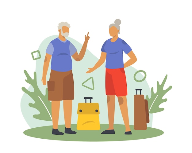 Vector senior woman and man traveling with trolley bags concept of happy retirement