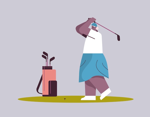 Donna anziana che gioca a golf invecchiata giocatrice afroamericana che prende un colpo attivo concetto di vecchiaia orizzontale a figura intera illustrazione vettoriale