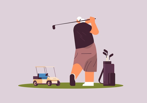Старшая женщина играет в гольф в возрасте игрока, принимая выстрел активная концепция старости горизонтальная полная длина векторные иллюстрации