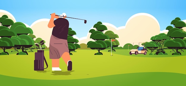 Senior woman playing golf on green golf course aged player
taking a shot active old age concept landscape background
horizontal full length vector illustration