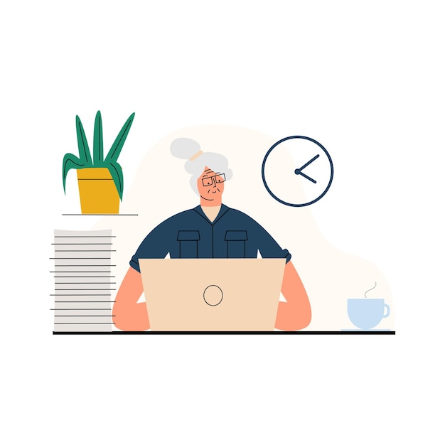Senior woman sitting in the office on  laptop online mature character works remotely on the internet vector illustration in flat style