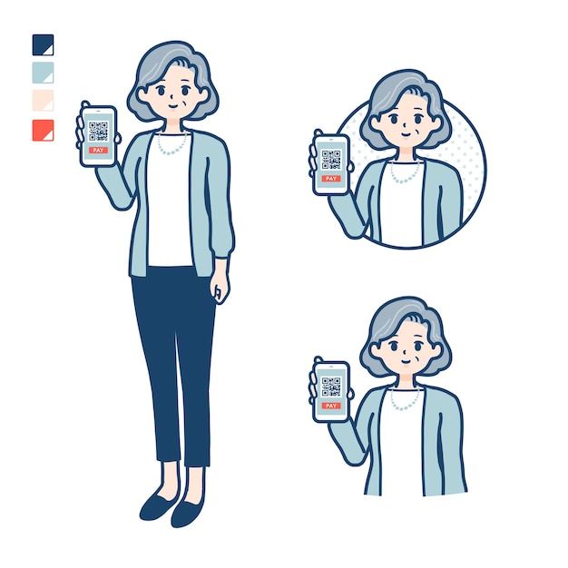 Senior woman in a suit with cashless payment on smartphone images.
it's vector art so it's easy to edit.