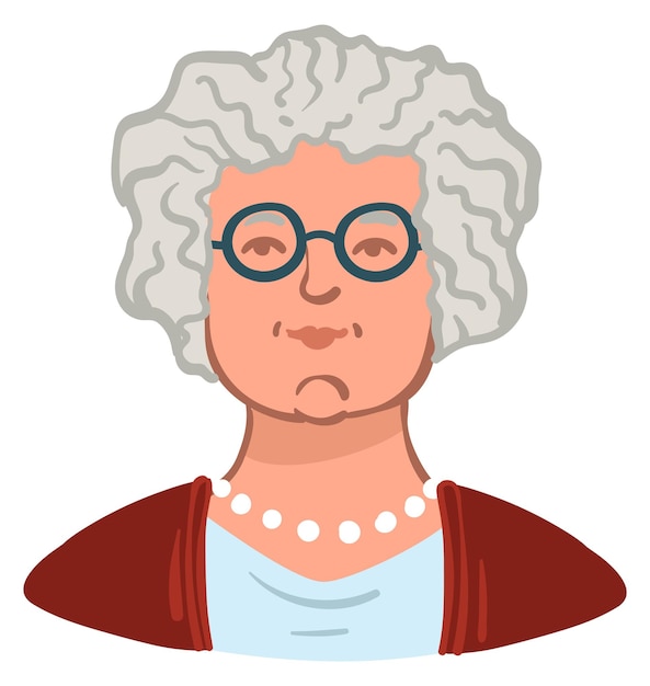 Vettore donna anziana che indossa occhiali personaggio femminile isolato che indossa abiti eleganti e perle personaggio anziano con espressione facciale sorridente nonna felice signora allegra vettore in piano