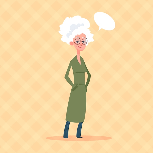 Vector senior woman with chat bubble modern grandmother full length lady