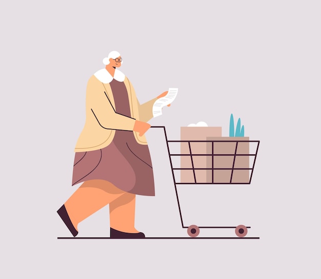 スーパーマーケットの水平方向の完全な長さのベクトル図で買い物リストをチェックする製品トロリーカートでいっぱいの年配の女性