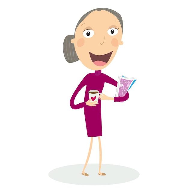 Senior woman with magazines and drink coffee Vector illustration