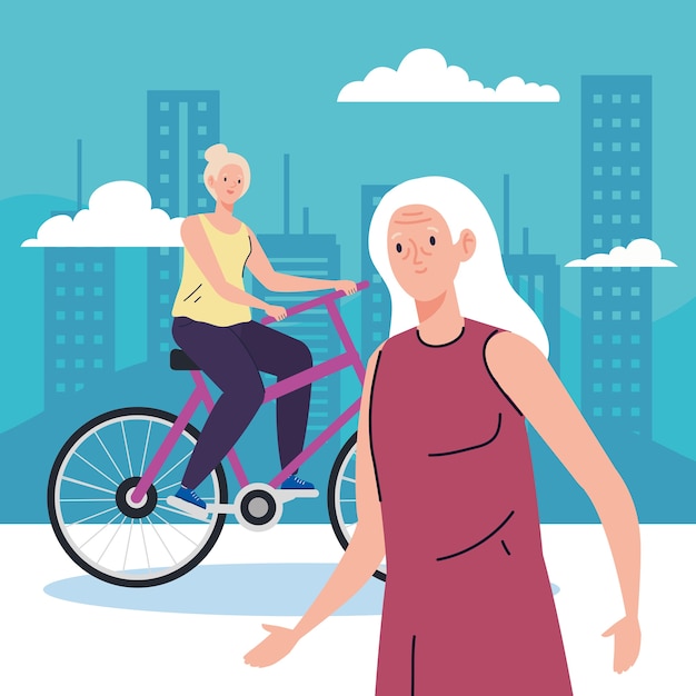 Senior women doing different activities and hobbies illustration