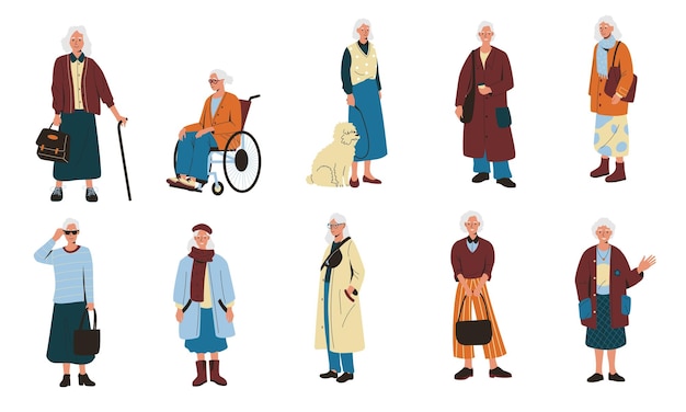 Donne anziane personaggi femminili maturi in stile cartone animato ritratti di nonne anziane che indossano abiti casual alla moda signore pensionate positive set vettoriale