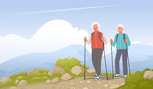 Vector senioren op wandelen oudere man en vrouw met rugzakken en stokken beklimmen de berg _ai_generated
