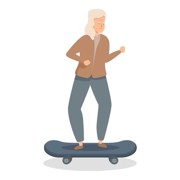 Seniorenvrouw geniet van skateboarden in een moderne lifestyle-illustratie