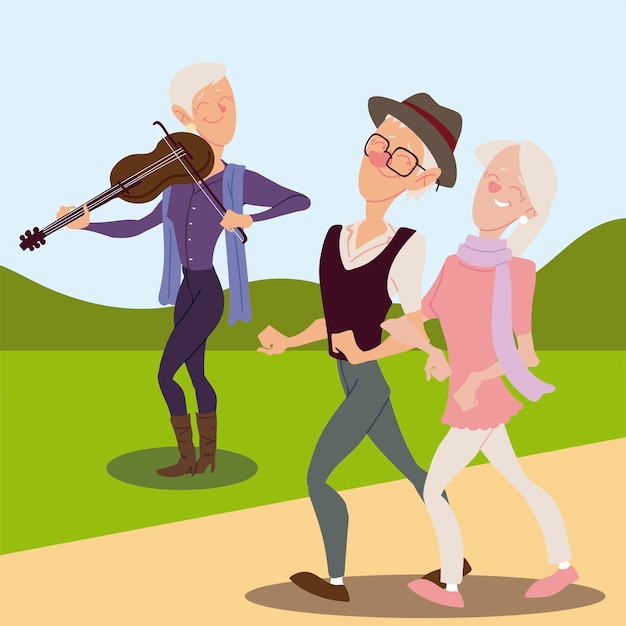 Seniors active, happy old man playing violin and old couple walking  illustration