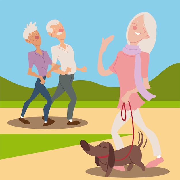 Vector seniors active, happy old woman with dog and elderly couple walking  illustration