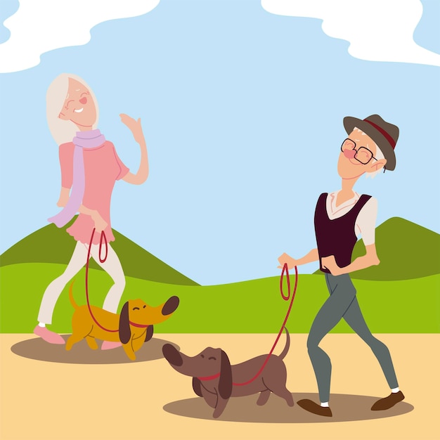 Seniors active, old man and elderly woman walking with dogs  illustration