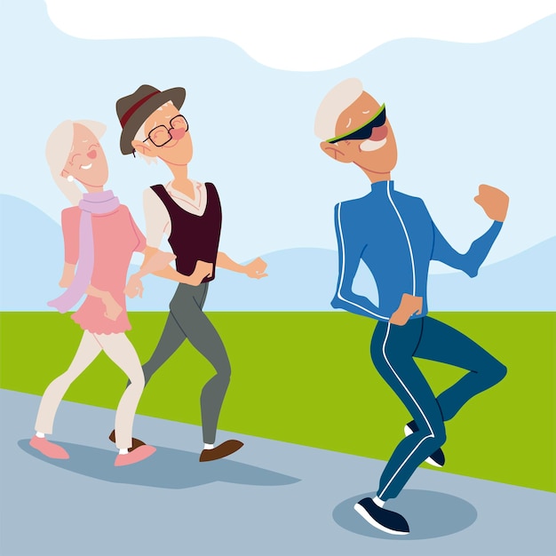 Seniors active, old man jogging and elderly couple walking  illustration