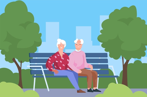 Seniors couple in park Elderly people sitting on bench Old man and woman walking in city recreational area Grayhaired characters spend time together outdoor Vector leisure pastime