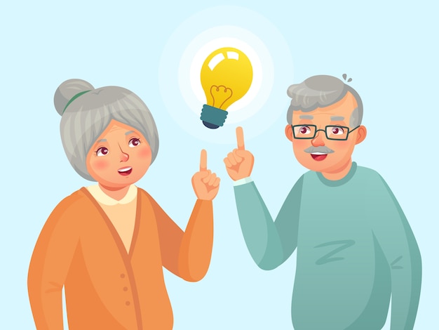 Idea per gli anziani. le coppie di anziani hanno idea, problema di pensiero senior anziano. illustrazione del fumetto del nonno e della nonna