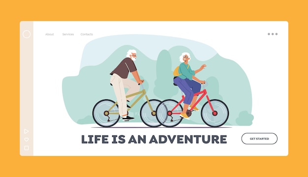 Seniors riding bicycles landing page template. man and woman pensioner active lifestyle, aged people extreme activity, senior characters driving fast on bikes. cartoon people vector illustration