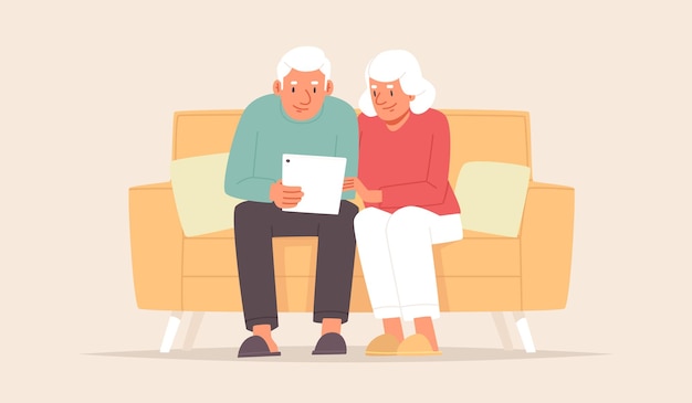 Seniors use the tablet while sitting on the couch _ai_generated