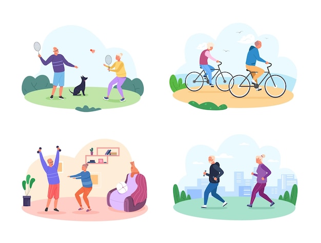 Seniors workout lifestyle Aged people sport exercise badminton home fitness cycling running wellness cheerful healthy elder coupleactive elderly athletes vector illustration