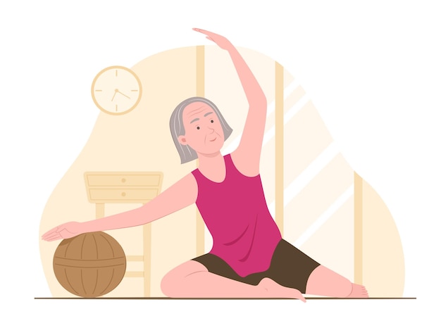 Seniorvrouw doet yoga thuis voor gezondheidszorg Concept Illustratie