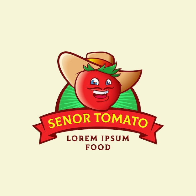 Senor tomaat abstract vector teken symbool of logo sjabloon grappige lachende spaanse man snor gezicht in een hoed retro typografie plantaardig voedsel embleem