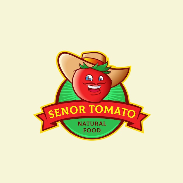 Vettore senor pomodoro astratto segno vettoriale simbolo o modello logo divertente sorridente spagnolo uomo baffi faccia in un cappello tipografia retrò emblema alimentare naturale o vegetale