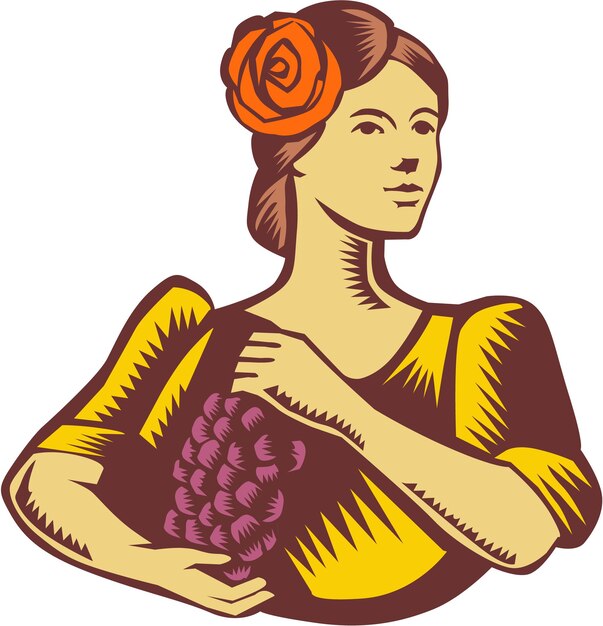 Senorita Holding Grapes Woodcut