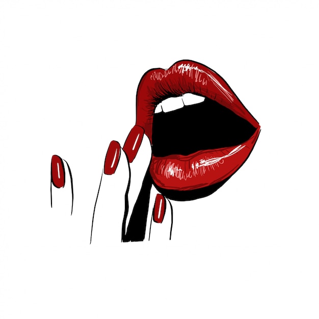 Vector sensual juicy opened red lips with fingers