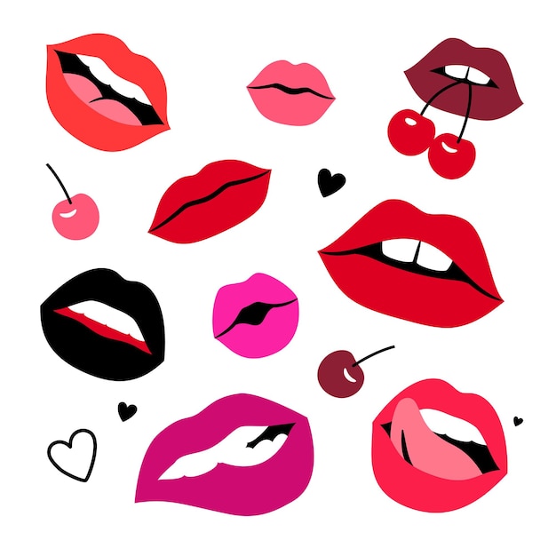 Вектор Чувственный набор губ. мультфильм красочные женские губы с вишней и сердцами, концепция чувственных поцелуев, векторная иллюстрация сексуальных гламурных улыбок с языком, изолированным на белом backgroun