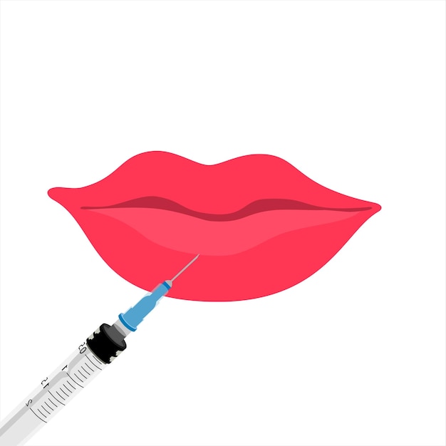 Vector sensuele mooie vrouwelijke lippen procedure lip injectie spuit in de buurt van de vrouw mond injecties voor het vergroten van de lippen vorm vector illustratie concept van dermatologie en cosmetologie behandeling