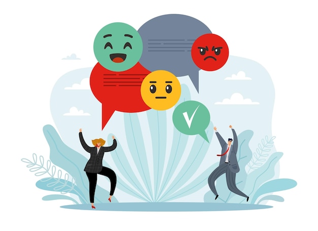 Sentiment analysis and written test emotion recognition automated artificial intelligence technologies happy man and woman with speech bubbles and emoji vector cartoon flat concept