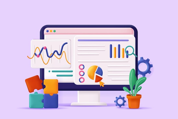 seo analysis concept 3d illustration icon composition with site interface with data and statistics search engine optimization website promotion strategy vector illustration for modern web design