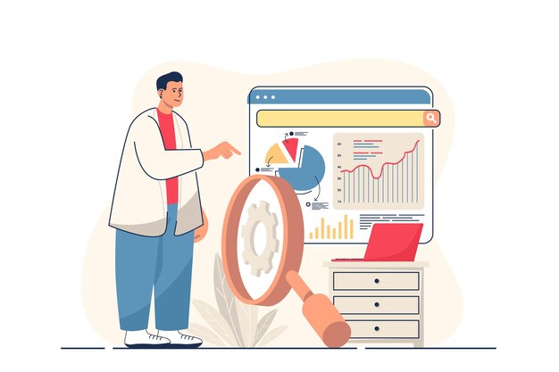 Концепция анализа SEO для веб-баннера Человек оптимизирует сайт для поисковых систем анализирует статистику