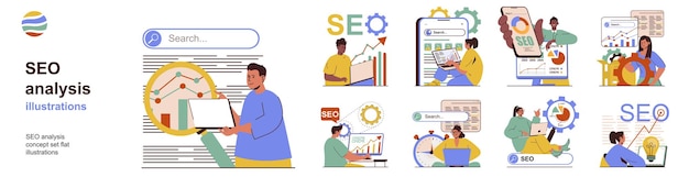 Vettore concetto di analisi seo con raccolta di situazioni di carattere fascio di scene che le persone studiano e ottimizzano le metriche delle query di ricerca parole chiave e traffico del sito web illustrazioni vettoriali in flat web design