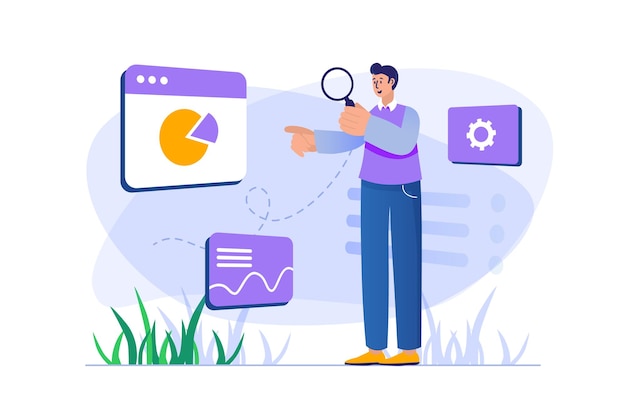 Seo analysis concept with people scene in flat design Man analyzes data graphs
