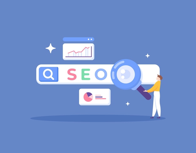 SEO analysis or search engine optimization concept illustration in flat style