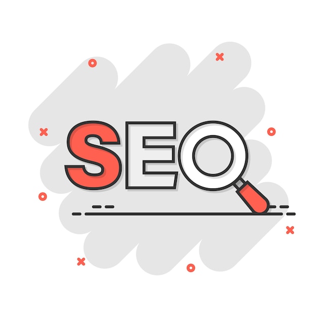 コミック スタイルの Seo 分析アイコン分離白地ソーシャル メディア ベクトル漫画イラスト検索分析ビジネス コンセプト スプラッシュ効果
