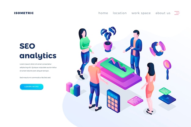 SEO analytics landing page vector template Search engine optimization website homepage UI idea with isometric illustrations Business development strategy planning web banner 3D cartoon concept