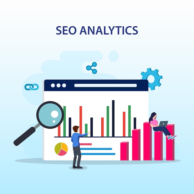 Vector seo analytics team search engine ranking seo success seo optimization flat vector