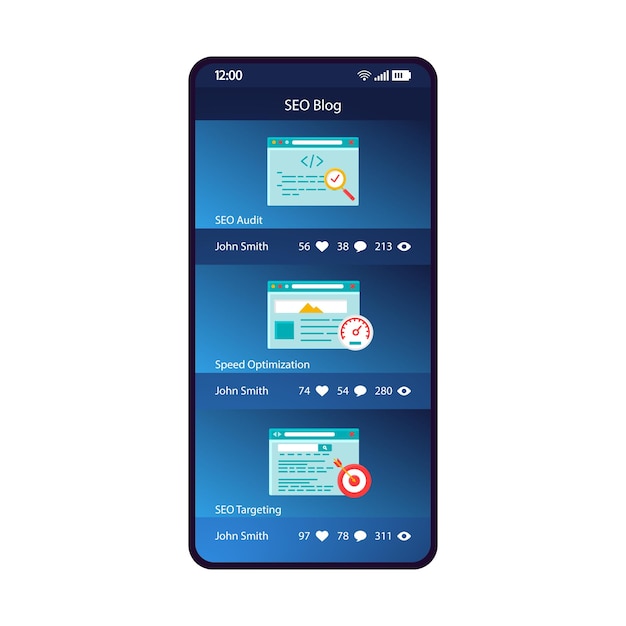 Seo blogging app smartphone interface vector template